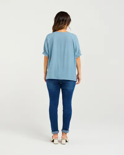 Model wearing Blue Ella Top By Zafina Available at Beetees Nelson